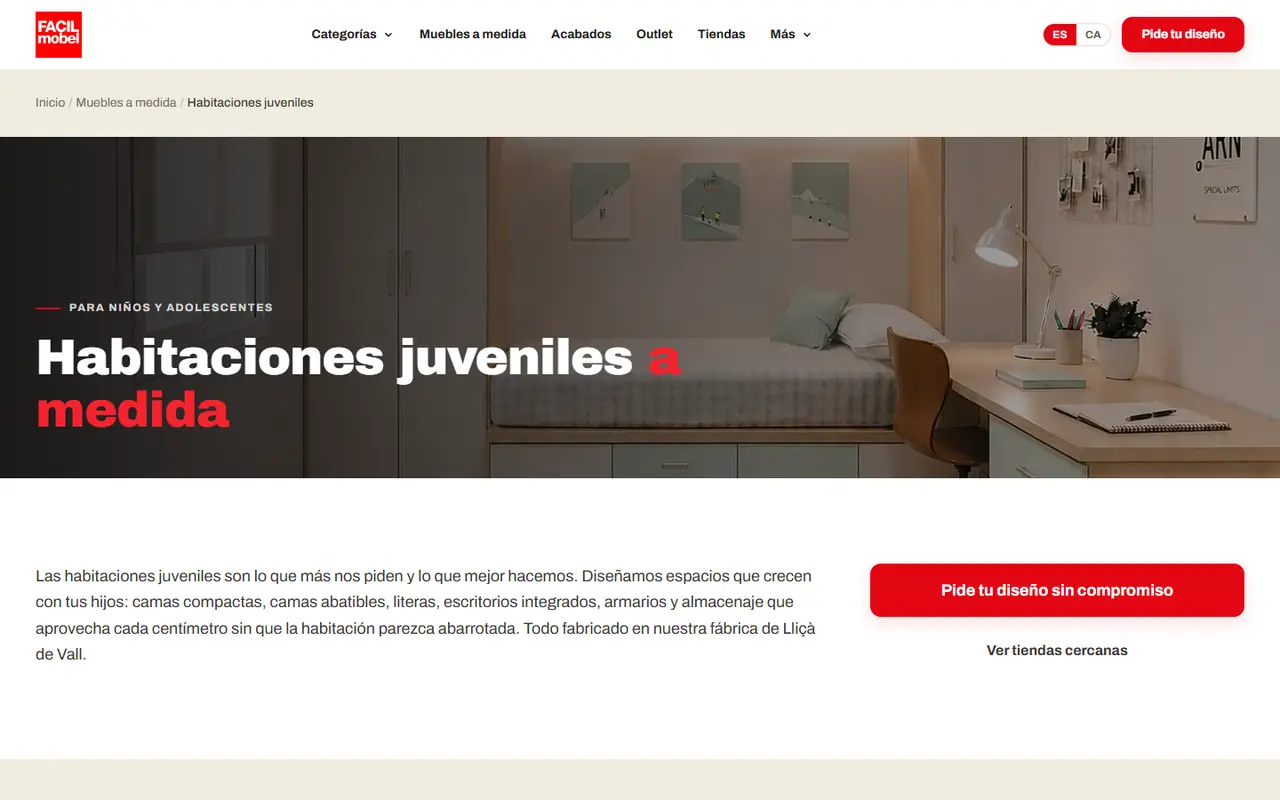 Página de habitaciones juveniles a medida de Facil mobel, con el botón «Pide tu diseño sin compromiso»