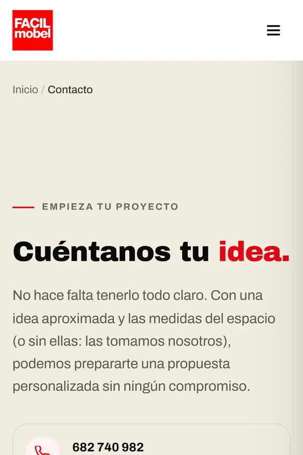 Página «Cuéntanos tu idea» de Facil mobel en el móvil, para pedir un diseño