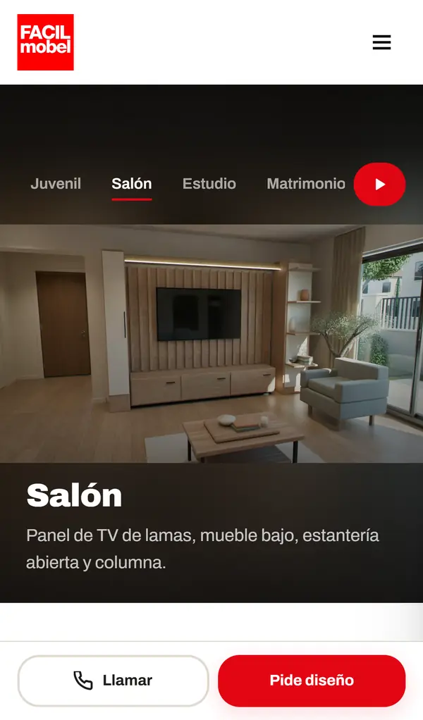 Portada de Facil mobel en el móvil, con los botones Llamar y Pide diseño fijos abajo