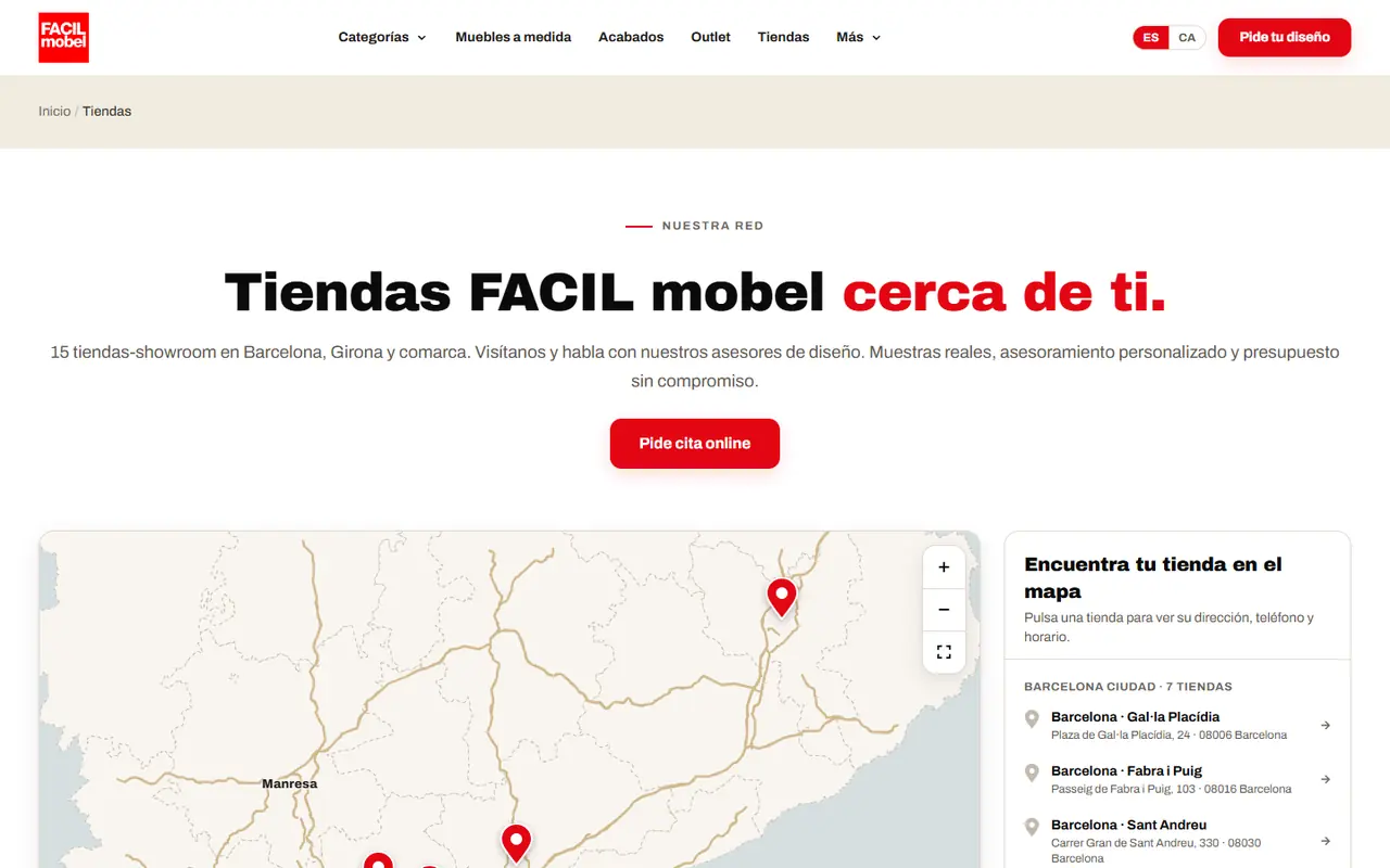 Página de tiendas de Facil mobel con el mapa de la red de tiendas y la lista por zonas