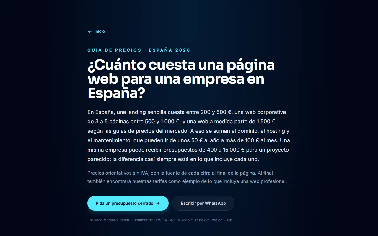 Guía de PLVS IA sobre cuánto cuesta una web para una empresa en España